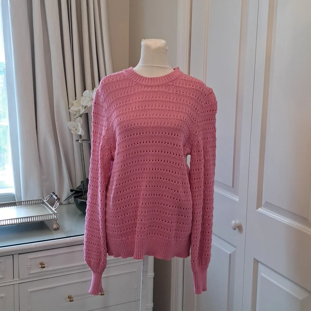 J.Crew Womens Pink Pointelle Style Crewneck Sweater Balloon Sleeves‎ S-M
